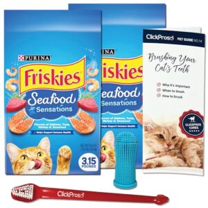 clickpros friskies dry cat food seafood sensations bundle | includes 2 bags of friskies dry cat food salmon, tuna, and shrimp flavors (3.15 lb) pet guide and 2 toothbrushes!