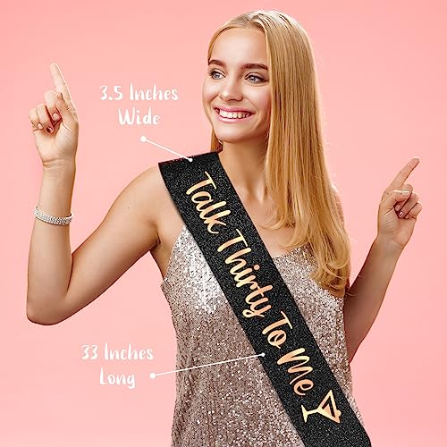 PartyForever 30th Birthday Decoration Sash for Women Talk Thirty to Me Black 32 inch Long with Rose Gold Letters for Her
