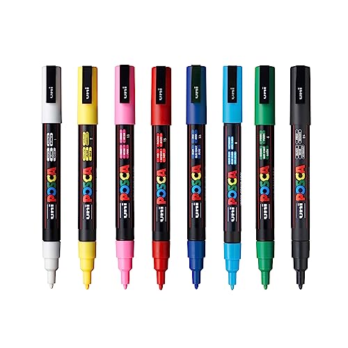 uni POSCA PC-3M Water-Based Paint Markers, Reversible Fine Tip, Assorted Colors, Pack Of 8 Markers