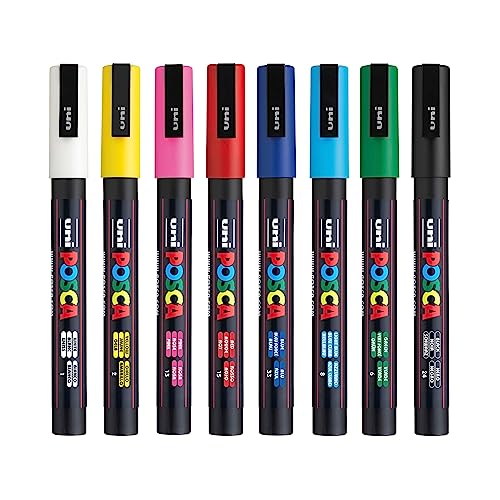 uni POSCA PC-3M Water-Based Paint Markers, Reversible Fine Tip, Assorted Colors, Pack Of 8 Markers