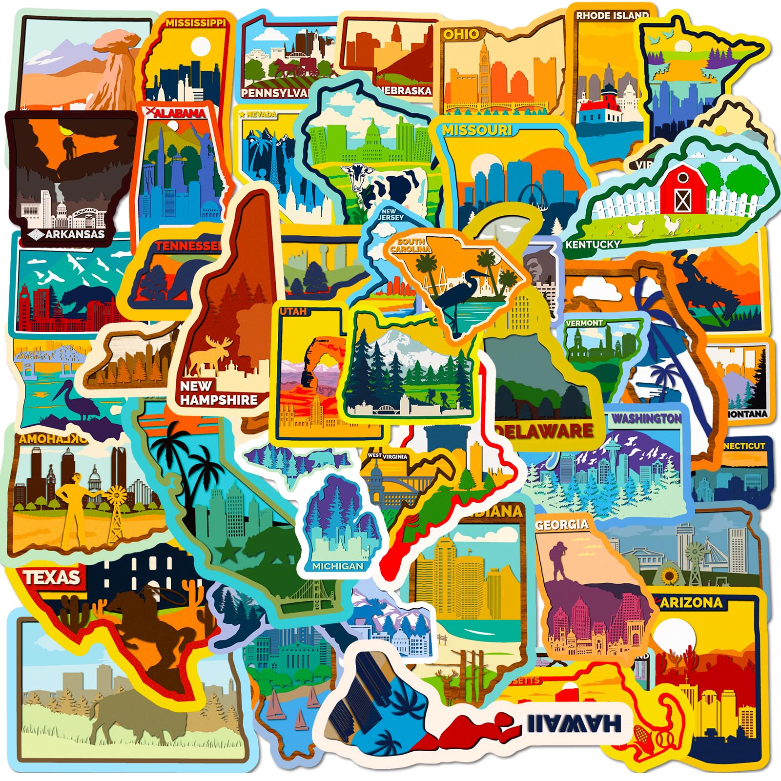 51PCS US States Stickers, USA Map Stickers, Icicrim Outdoor Travel Hiking Waterproof Vinyl Stickers for Water Bottles Laptop Phone Luggage Scrapbook Journal