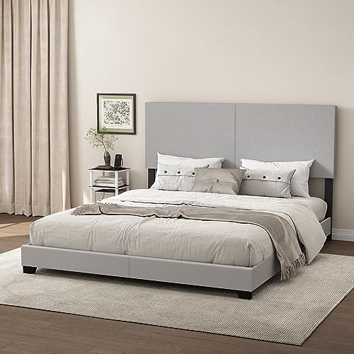 Furinno Pessac Fabric Upholstered Bed Frame with Wooden Slat Support, California King, Glacier