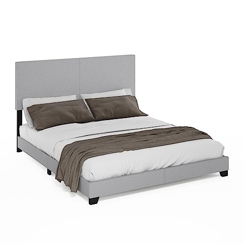 Furinno Pessac Fabric Upholstered Bed Frame with Wooden Slat Support, California King, Glacier