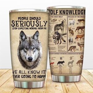 20oz tumbler cup cute wolf coffee mug, wolf knowledge vacuum insulated travel mug, stainless steel double walled water bottle,gifts for dad men,wolf lovers,to son christmas gift