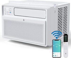 8,000 btu smart inverter window air conditioner, cools up to 350 sq. ft., ultra quiet with open window flexibility, compatible with alexa/go ogle assistant, 35% energy savings, remote/app control