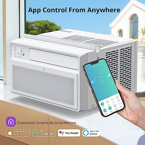 8,000 BTU Smart Inverter Window Air Conditioner, Cools up to 350 Sq. Ft., Ultra Quiet with Open Window Flexibility, Compatible with Alexa/Go ogle Assistant, 35% Energy Savings, Remote/App Control