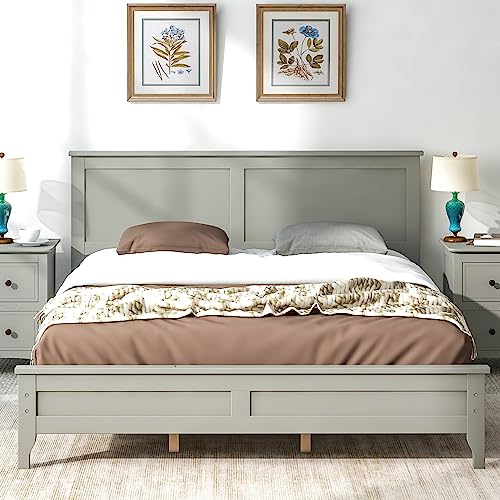 Queen Size Wooden Platform Bed Frames with Headboard, Modern Country Platform Bed with Sturdy Solid Wood Slat Support, No Box Spring Needed for Bedroom Small Space Boys Girls, Easy Assemble, Gray