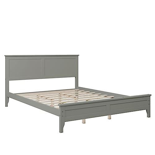 Queen Size Wooden Platform Bed Frames with Headboard, Modern Country Platform Bed with Sturdy Solid Wood Slat Support, No Box Spring Needed for Bedroom Small Space Boys Girls, Easy Assemble, Gray