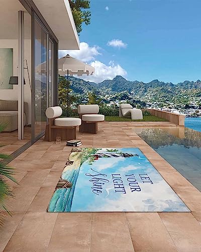 Outdoor Rug Mats,Watercolor Lighthouse Lounge Chair Indoor Area Rugs RV Camping Rugs Outside Mat 4x6ft,Floor Carpet for Patio Porch Deck Backyard Picnic Balcony Beach Themed Blue Sky Ocean