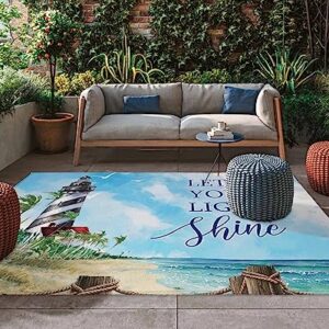 Outdoor Rug Mats,Watercolor Lighthouse Lounge Chair Indoor Area Rugs RV Camping Rugs Outside Mat 4x6ft,Floor Carpet for Patio Porch Deck Backyard Picnic Balcony Beach Themed Blue Sky Ocean