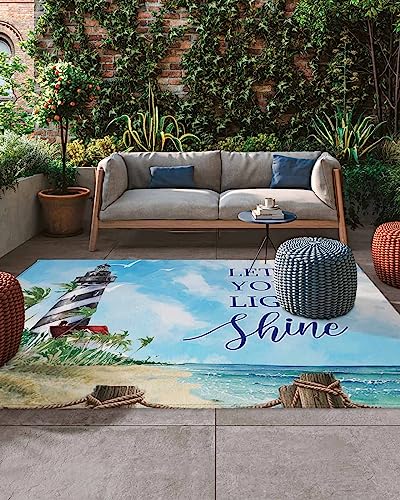 Outdoor Rug Mats,Watercolor Lighthouse Lounge Chair Indoor Area Rugs RV Camping Rugs Outside Mat 4x6ft,Floor Carpet for Patio Porch Deck Backyard Picnic Balcony Beach Themed Blue Sky Ocean