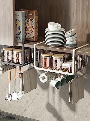 Shelves Organizer Under Sink Organizer Cabinet Hooks Kitchen Shelf Basket Under Cabinet Shelf Storage Basket for Storage Shelves Bathroom Storage Kitchen Organizers(2 Colour 7.3×9.9×10.5in)(black)