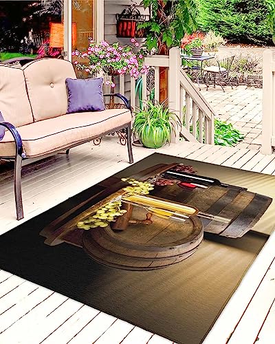 Outdoor Rug Mats,Cask Barrel Wine Glass Fruit Grape Indoor Area Rugs RV Camping Rugs Outside Mat 4x6ft,Floor Carpet for Patio Porch Deck Backyard Picnic Balcony Farmhouse Cellar Wooden Table