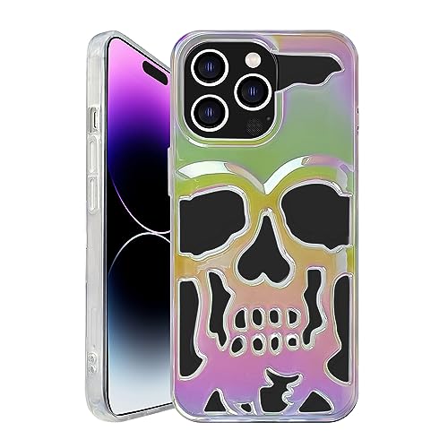 MASEBOR Skull Skeleton for iPhone 14 pro case for Women Men Cool Funny Gothic Hollow Halloween Phone Case for Girls Boys Unique Shockproof Hollowed Designer Clear Case Cover Cute Plated Metal White