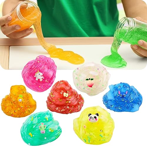 MKAKJWAW Clear Slime Kit 7 Pack Crystal Clear Set, Apple Peach Clear Slime Green Clear Slime, Soft Jelly Clear Slime Pack for Kids Easter Halloween for Girls Boys