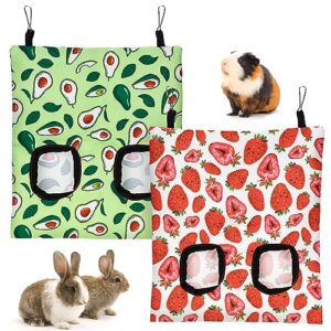 rabbit hay feeder bag, 2 pack 2 holes guinea pig hanging hay holder feeder storage dispenser for cage, washable for bunnies hamsters chinchilla and other small pets, ullnosoo strawberry and avocado