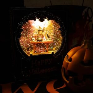 Halloween Decorations Snow Globe, Witch Swirling Glitter Book with Warm White LED, 3 AA Battery Operated & USB Powered, Halloween Holiday Party Gifts and Decorations