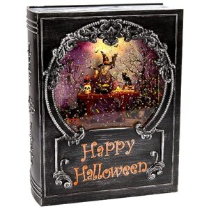 halloween decorations snow globe, witch swirling glitter book with warm white led, 3 aa battery operated & usb powered, halloween holiday party gifts and decorations