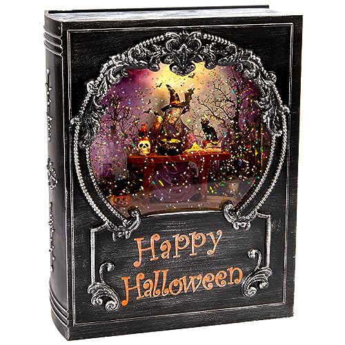 Halloween Decorations Snow Globe, Witch Swirling Glitter Book with Warm White LED, 3 AA Battery Operated & USB Powered, Halloween Holiday Party Gifts and Decorations