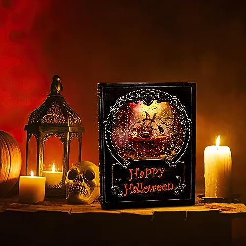 Halloween Decorations Snow Globe, Witch Swirling Glitter Book with Warm White LED, 3 AA Battery Operated & USB Powered, Halloween Holiday Party Gifts and Decorations