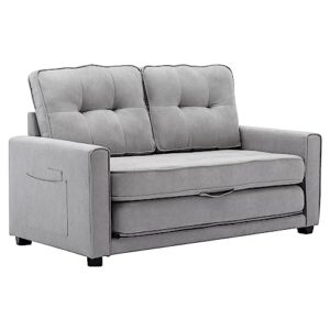 merax, gray 59.4" loveseat pull-out sofa bed modern upholstered couch with side pocket for living room