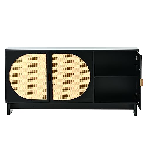Accent Storage Cabinet with Rattan Door Freestanding Storage Sideboard with Adjustable Shelves Mid Century Modern Entryway Cabinet for Living Room, Hallway, Dining Room (Black)
