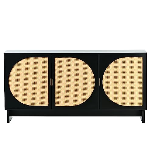 Accent Storage Cabinet with Rattan Door Freestanding Storage Sideboard with Adjustable Shelves Mid Century Modern Entryway Cabinet for Living Room, Hallway, Dining Room (Black)