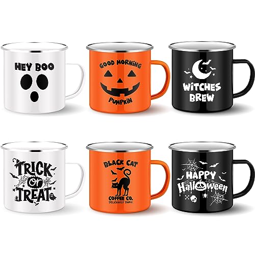 Umigy 6 Pieces Halloween Mugs Trick or Treat Happy Halloween Coffee Mug Cup Horror Ghost Pumpkin 17 oz Enamel Mugs for Home Fall Camping Kitchen Decor