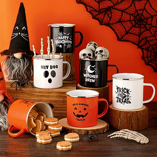 Umigy 6 Pieces Halloween Mugs Trick or Treat Happy Halloween Coffee Mug Cup Horror Ghost Pumpkin 17 oz Enamel Mugs for Home Fall Camping Kitchen Decor