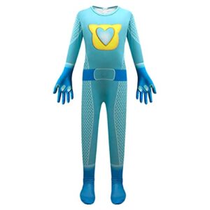 Garperkids Blue Super Cartoon Cat Costume for Girls Long Sleeve 3D Style Jumpsuit with Mask Halloween Movie Character Cosplay Bodysuit for Toddler Kids