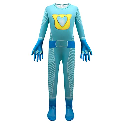 Garperkids Blue Super Cartoon Cat Costume for Girls Long Sleeve 3D Style Jumpsuit with Mask Halloween Movie Character Cosplay Bodysuit for Toddler Kids