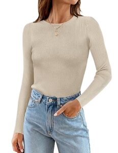 zesica women's long sleeve crewneck shirts 2023 fall clothes ribbed knit sweaters slim fitted casual basic tee tops,almond,large
