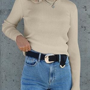 ZESICA Women's Long Sleeve Crewneck Shirts 2023 Fall Clothes Ribbed Knit Sweaters Slim Fitted Casual Basic Tee Tops,Almond,Large
