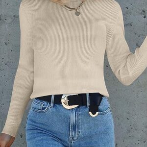 ZESICA Women's Long Sleeve Crewneck Shirts 2023 Fall Clothes Ribbed Knit Sweaters Slim Fitted Casual Basic Tee Tops,Almond,Large