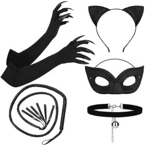 hicarer 5 pcs halloween cat costume party accessories cat ears headband long fingernails paw gloves black cat collar half mask for women fancy dress party prop