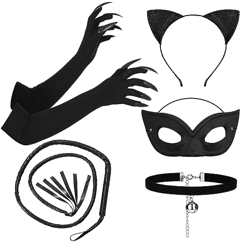 Hicarer 5 Pcs Halloween Cat Costume Party Accessories Cat Ears Headband Long Fingernails Paw Gloves Black Cat Collar Half Mask for Women Fancy Dress Party Prop