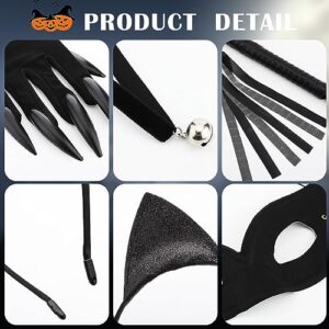 Hicarer 5 Pcs Halloween Cat Costume Party Accessories Cat Ears Headband Long Fingernails Paw Gloves Black Cat Collar Half Mask for Women Fancy Dress Party Prop