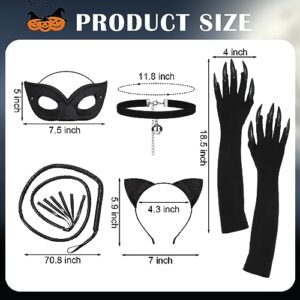 Hicarer 5 Pcs Halloween Cat Costume Party Accessories Cat Ears Headband Long Fingernails Paw Gloves Black Cat Collar Half Mask for Women Fancy Dress Party Prop