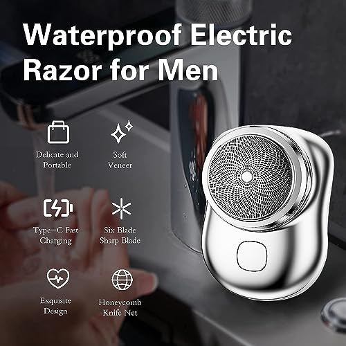 Men's Mini-Shave Portable Electric Shaver, Pocket Size Portable Shaver Wet and Dry Mens Razor Easy One-Button Use for Home,Car,Travel(Silvery)