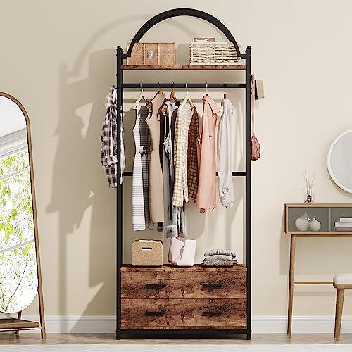 Tribesigns Stylish and Versatile Clothes Rack with Shelves Drawers and Hooks, Modern Closet Organizer, Durable Garment Wardrobe Storage Shelving with Hanging Rod (Rustic Brown)