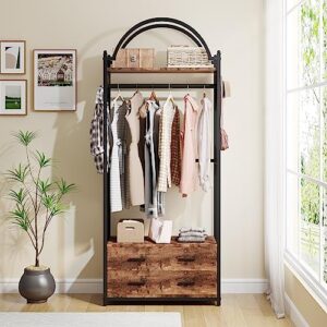 Tribesigns Stylish and Versatile Clothes Rack with Shelves Drawers and Hooks, Modern Closet Organizer, Durable Garment Wardrobe Storage Shelving with Hanging Rod (Rustic Brown)