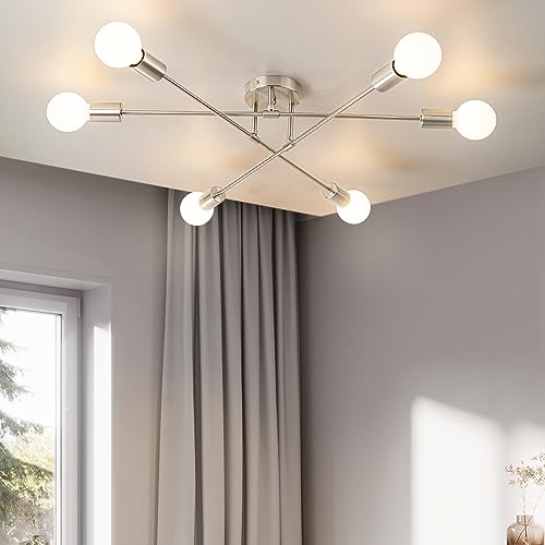 BrkNit 6-Light Modern Sputnik Chandeliers, Silver Mid Century Semi Flush Mount Ceiling Light Fixtures with E26 Base, Industrial Vintage Kitchen Farmhouse Light for Dining Room Bedroom Living Room