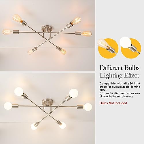 BrkNit 6-Light Modern Sputnik Chandeliers, Silver Mid Century Semi Flush Mount Ceiling Light Fixtures with E26 Base, Industrial Vintage Kitchen Farmhouse Light for Dining Room Bedroom Living Room