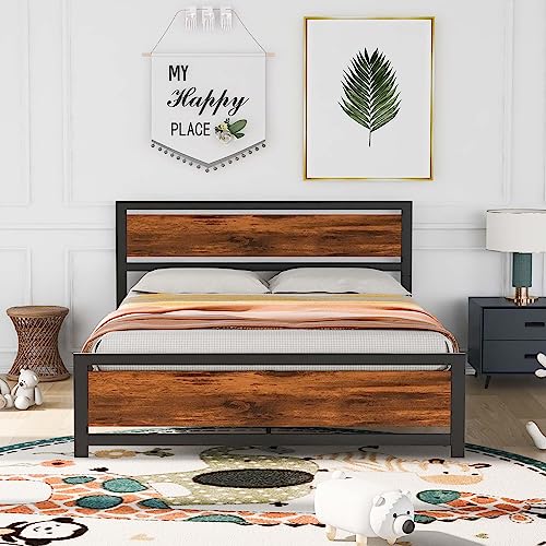 GERDIOEB Twin Size Wood Platform Bed Frame with Headboard, Classic Platform Bed with Footboard/Strong Wood Slat/Under Storage Space for Bedroom Girls, No Box Spring Needed (Black, Queen)