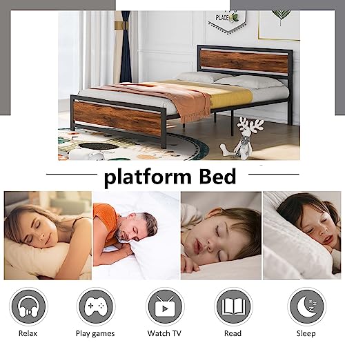 GERDIOEB Twin Size Wood Platform Bed Frame with Headboard, Classic Platform Bed with Footboard/Strong Wood Slat/Under Storage Space for Bedroom Girls, No Box Spring Needed (Black, Queen)