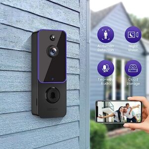 SJCODE Smart Video Doorbell Included Ring Chime, Security Camera Wireless, Battery Powered, Wide-Angle Lens, 2 Way Audio, Night Vision, Human Detection, for Indoor/Outdoor Surveillance