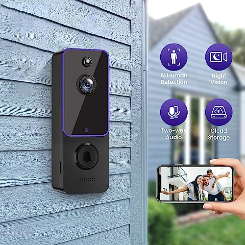 SJCODE Smart Video Doorbell Included Ring Chime, Security Camera Wireless, Battery Powered, Wide-Angle Lens, 2 Way Audio, Night Vision, Human Detection, for Indoor/Outdoor Surveillance