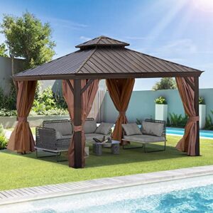 nanonyy 12’ x 12’ hardtop gazebo sturdy aluminum construction with galvanized steel double roof outdoor gazebo for patio, lawn and garden. includes curtains and netting .brown