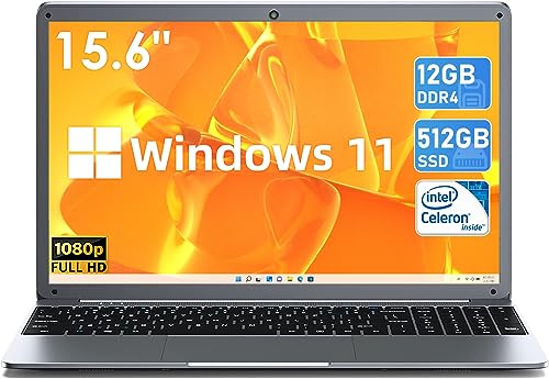 SGIN Laptop, 15.6 inch 1080P Laptops Computer, 12GB DDR4 512GB SSD, Intel Celeron Quad-Core N5059 (up to 2.9 GHz), Intel UHD Graphics 600, Webcam, Mini HDMI, WiFi, Bluetooth 4.2, USB3.0