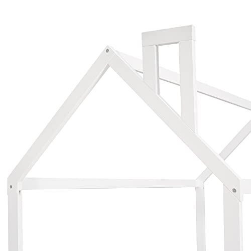 Montessori Bed Frame Twin Size/House Bed Frames, House Floor Bed for Kids, Montessori Floor Bed with Fence, Door and Chimney, White